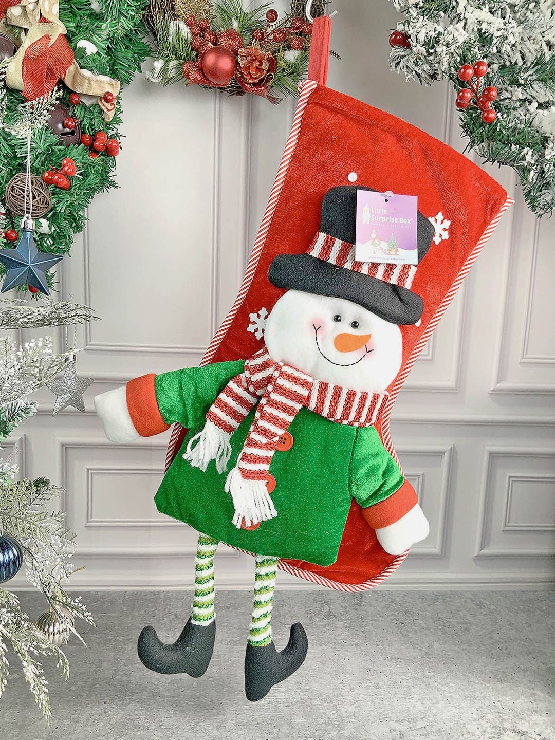 

Little Surprise Box LLP Kids Red Snowman Stocking Velvet Christmas Decor