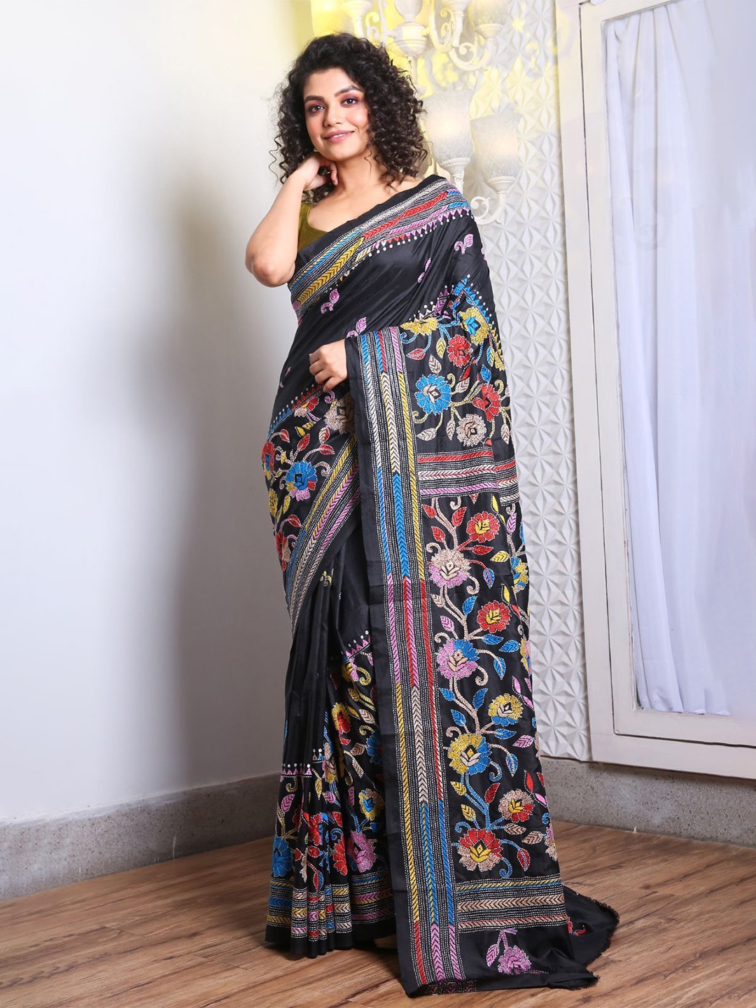 

Charukriti Floral Woven Design Kantha Work Pure Silk Designer Saree, Black