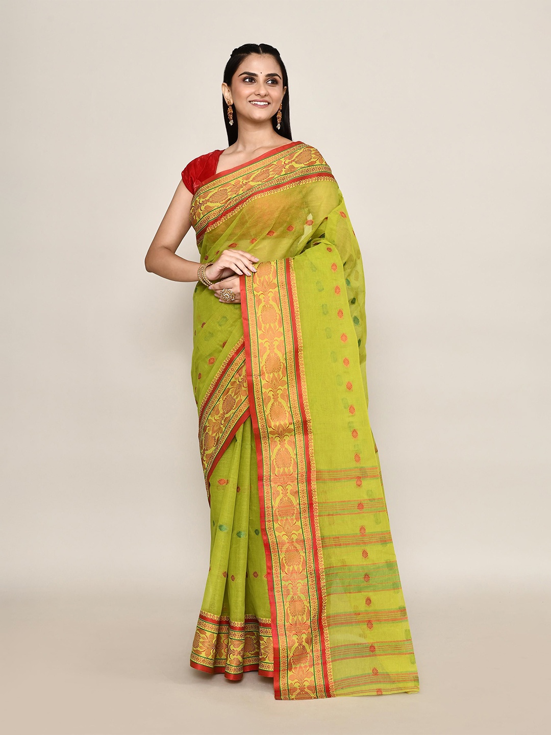

PUKU Ethnic Motifs Pure Cotton Taant Saree, Green