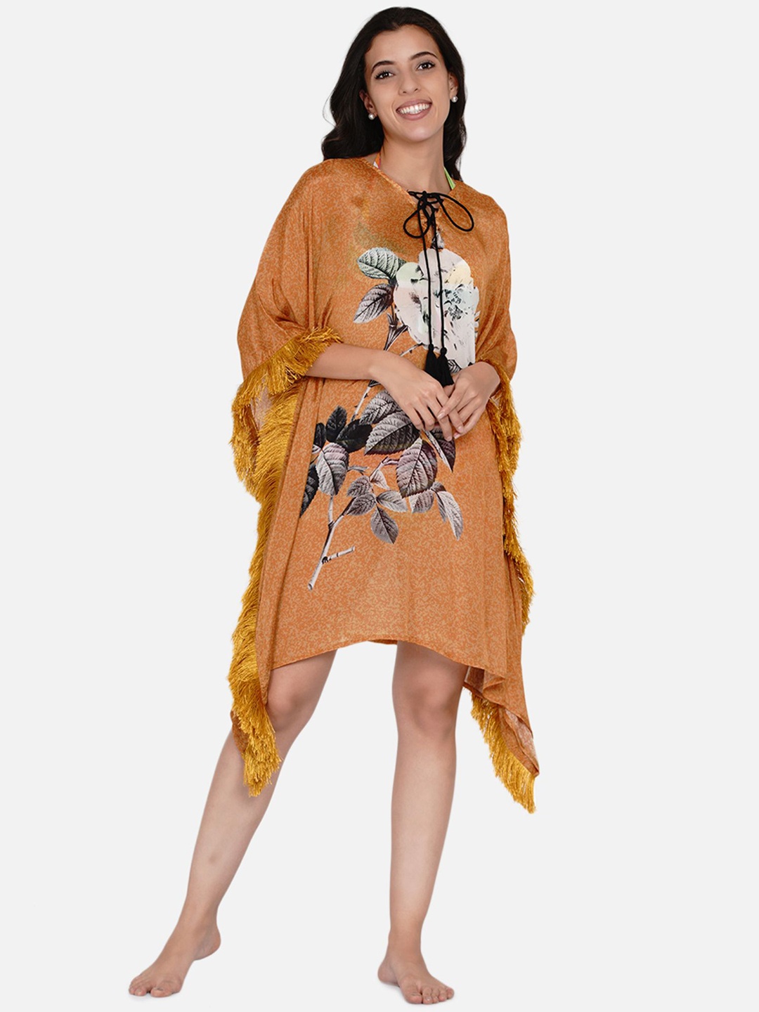 

The Kaftan Company Women Floral Printed Round Neck Sheer Kaftan Coverup, Mustard