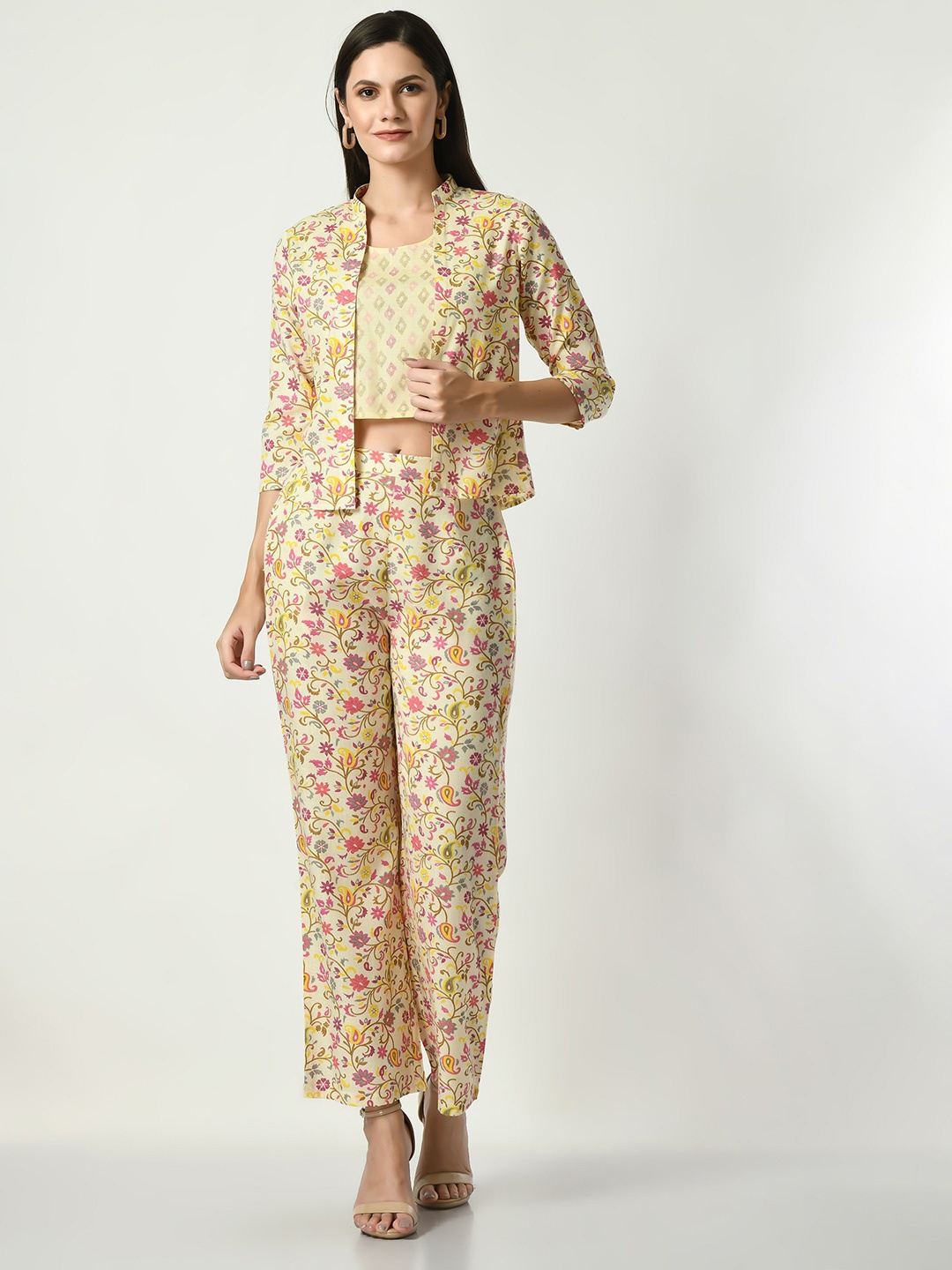 

VAPPSYAM Printed Top & Trousers With Waistcoat Co-Ords Set, Yellow