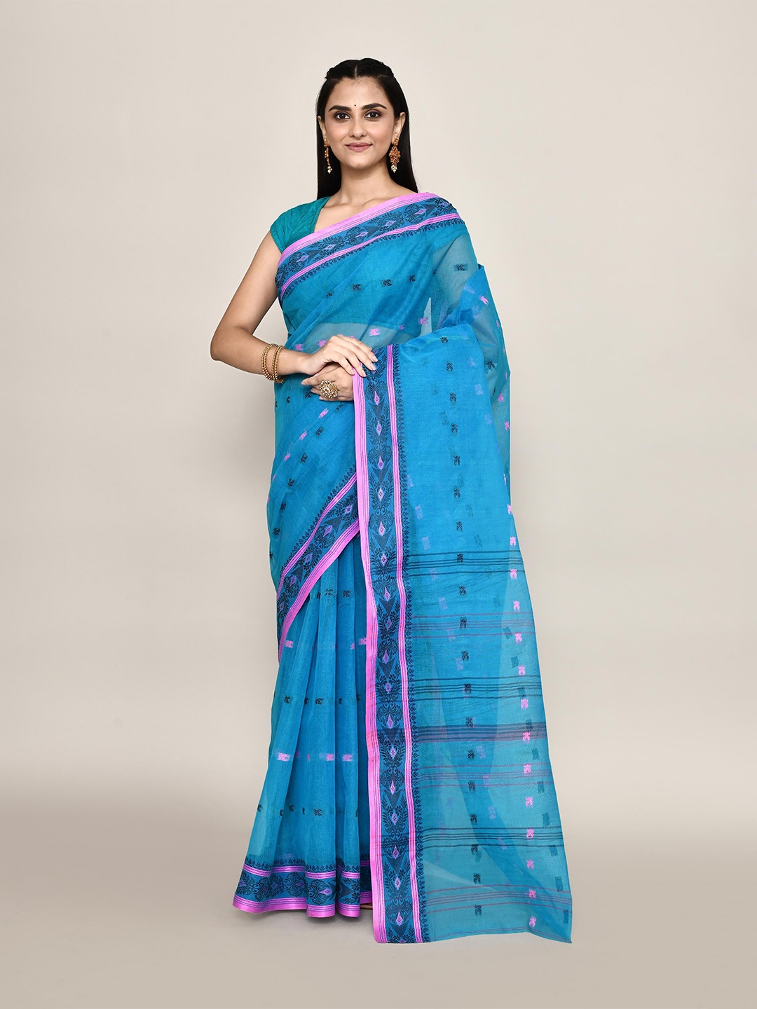 

PUKU Ethnic Motifs Woven Design Zari Pure Cotton Taant Saree, Blue