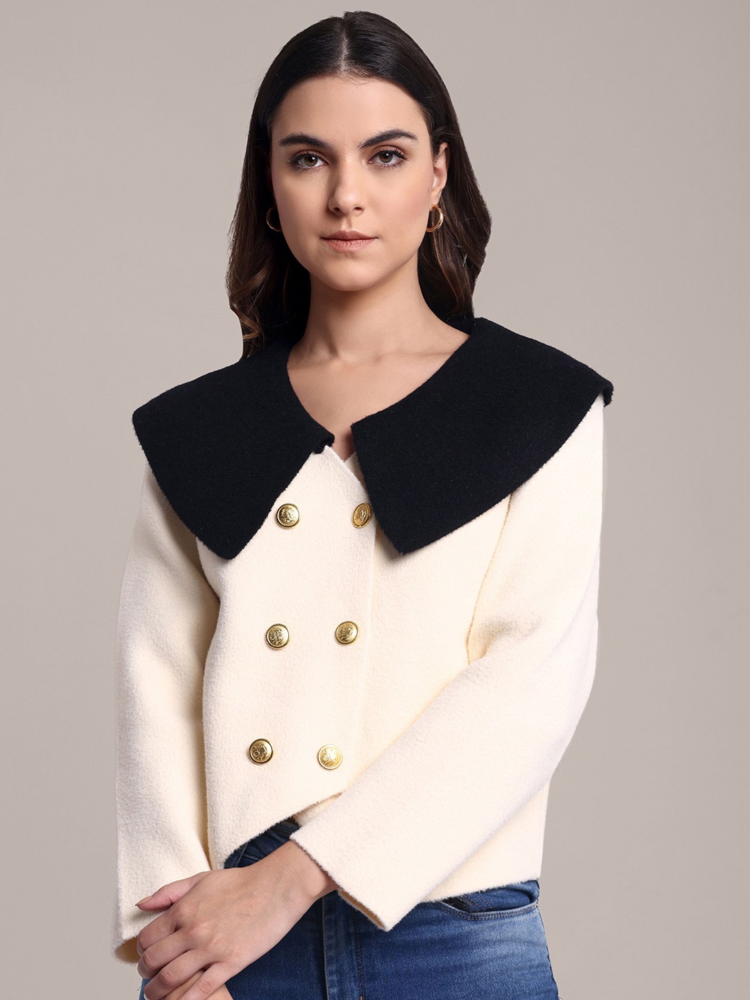 

iki chic Women Colourblocked Woollen Cardigan, Off white