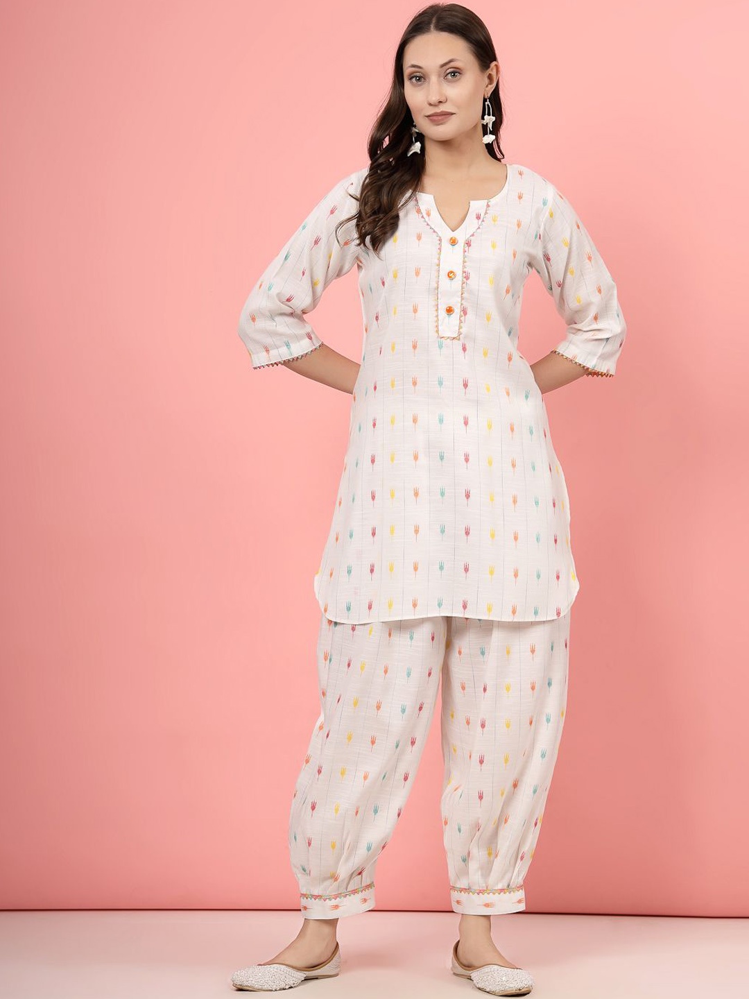 

Clora Creation Ikkat Self Design Notch Neck Cotton Tunic & Dhoti Pant, White