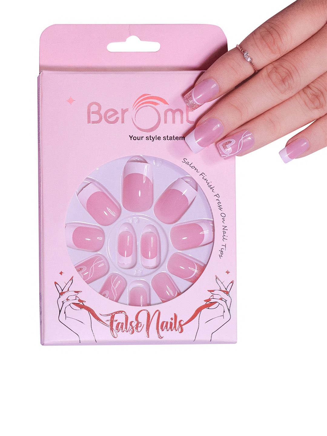 

BEROMT Set Of 16 Salon Finish Press On Nail Tip With Application Kit - BFN339FN, Pink