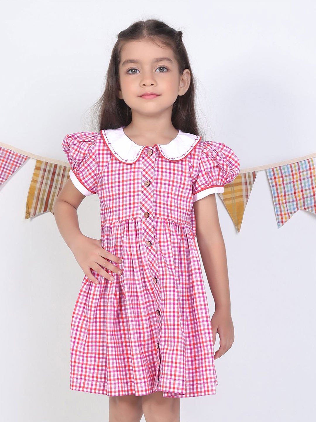 

Soleilclo Girls Checked Peter Pan Collar Puff Sleeve Fit & Flare Dress, Pink