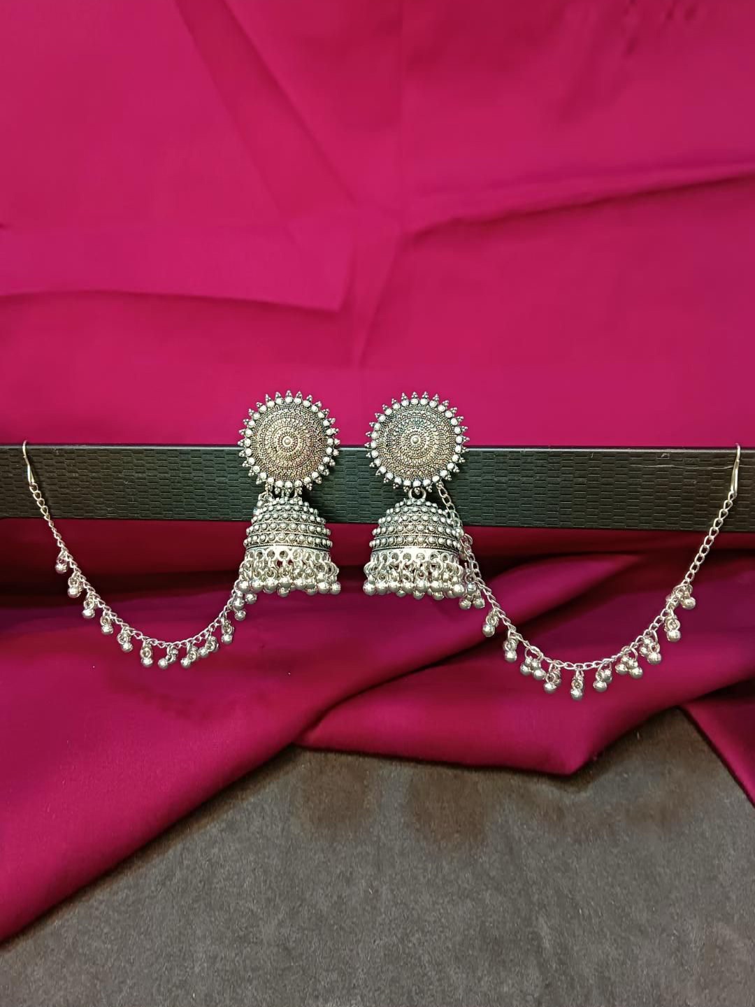 

Efulgenz Contemporary Jhumkas Earrings With Hair Chain, Silver