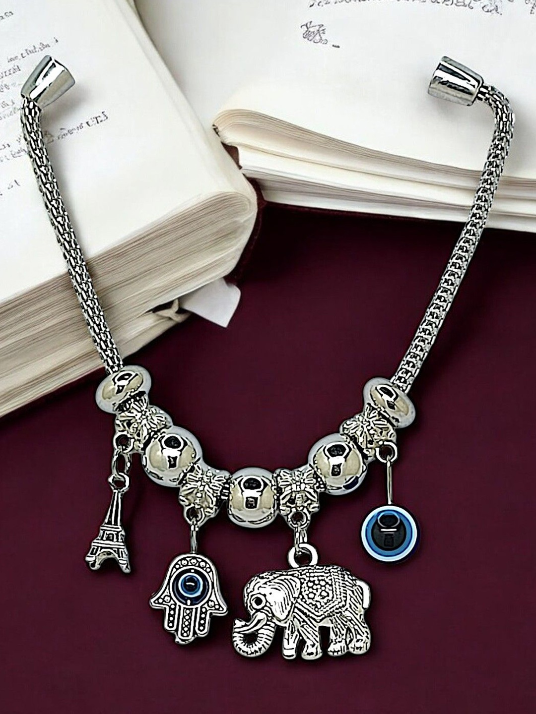 

FEMMIBELLA Silver-Plated Pearls Beaded Evil Eye Hamsa Hand & Elephan Charm Bracelet