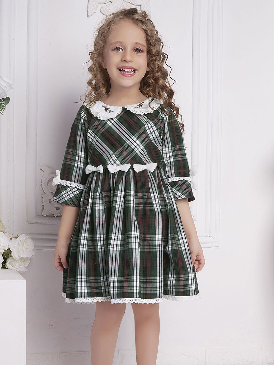 

Soleilclo Girls Printed Peter Pan Collar Fit & Flare Cotton Dress, Green