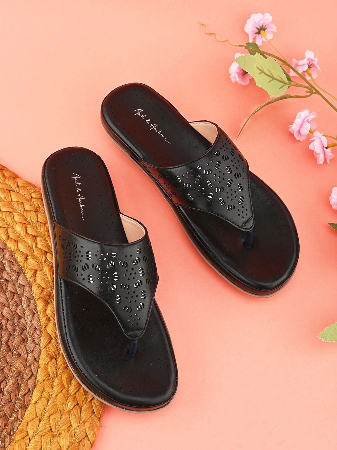 

Mast & Harbour Women T-Strap Flats with Laser Cuts, Black