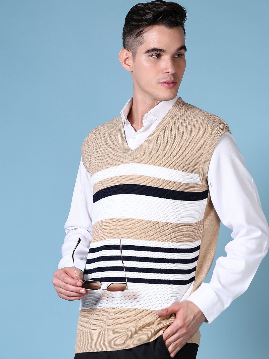 

V-Mart Men V-Neck Striped Cotton Sweater Vest, Beige