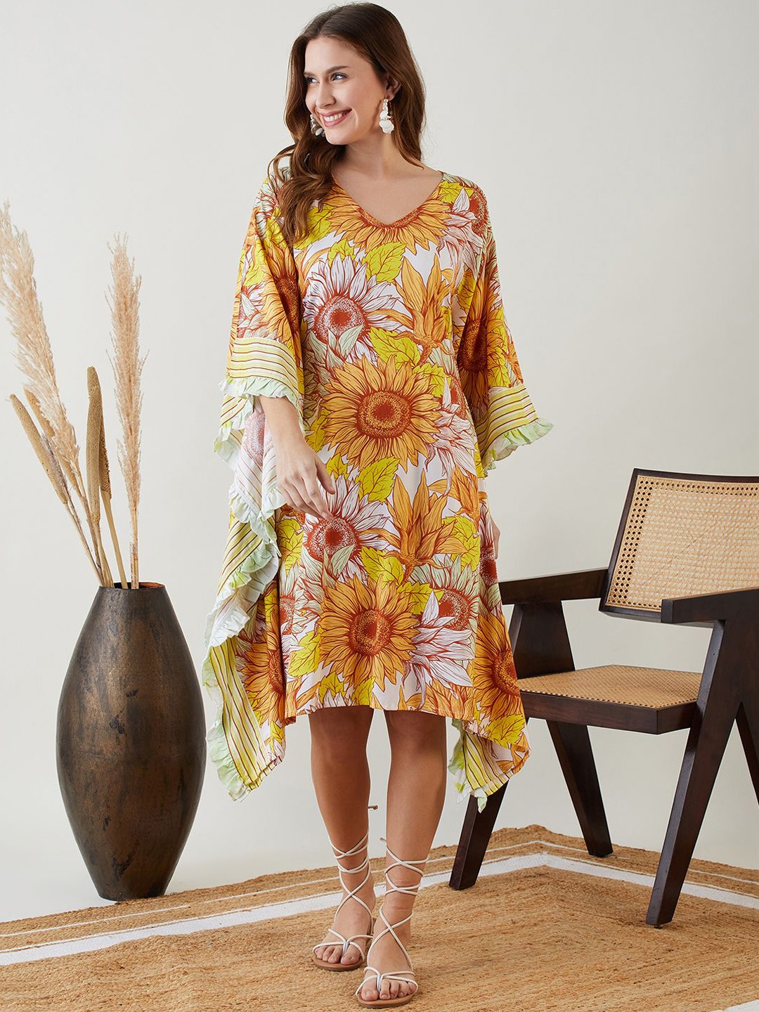 

The Kaftan Company Women Cotton V-Neck Floral Print Kimono Sleeve Kaftan Dress, Yellow