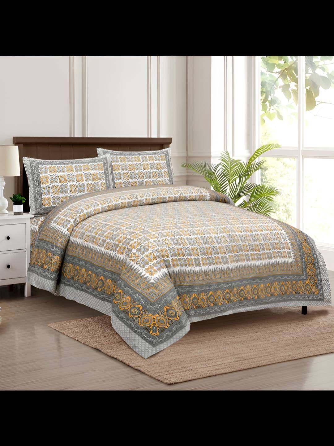 

BED-SHEET.COM Grey & Yellow 180 TC King Bedsheet with 2 Pillow Covers