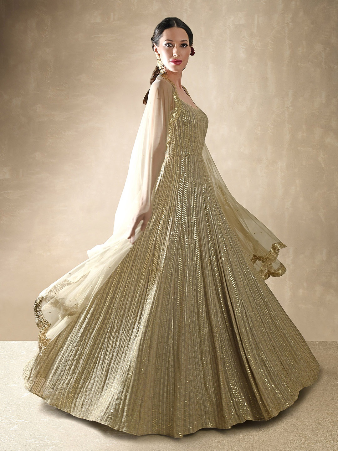 

Renee Label Embellished Anarkali Maxi Ethnic Dress With Dupatta, Champagne