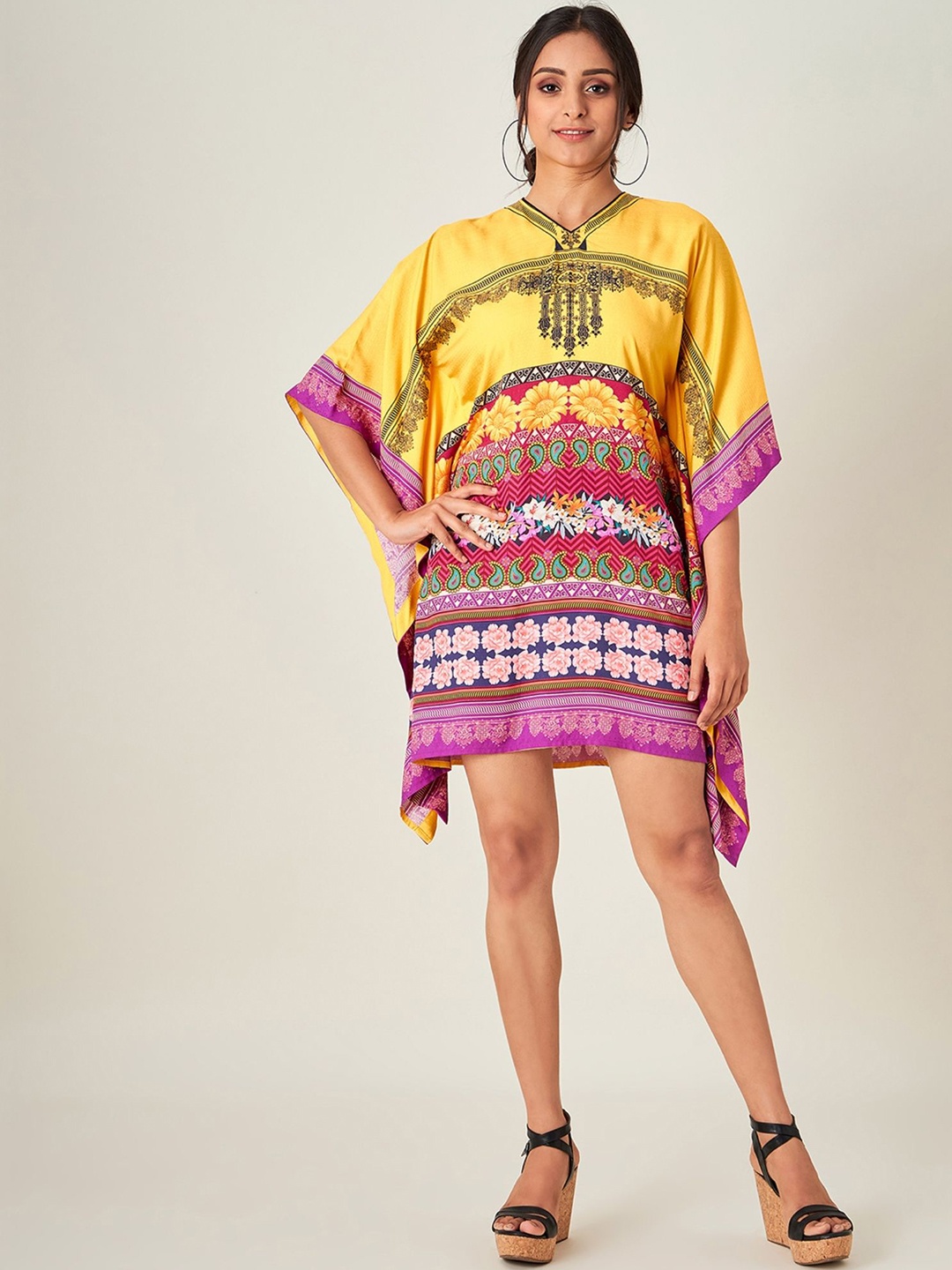 

The Kaftan Company Women Floral Printed V-Neck Kimono Sleeve Kaftan Dress, Yellow