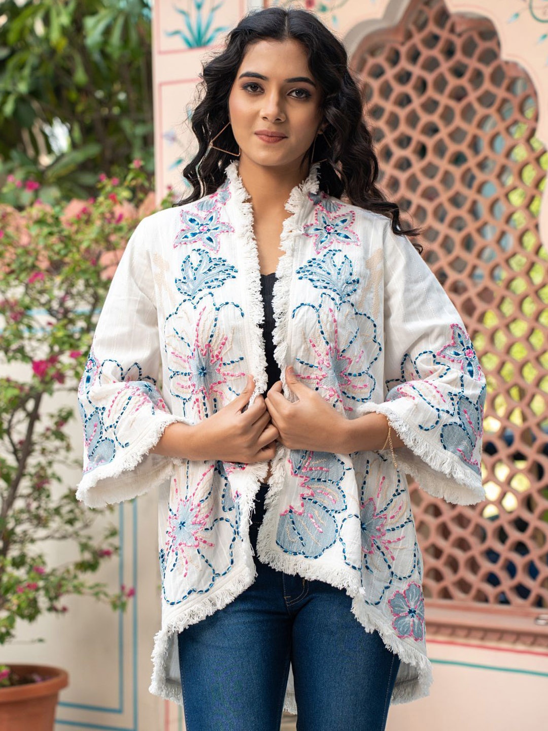 

Zolo Label Women Floral Bomber with Embroidered Jacket, White