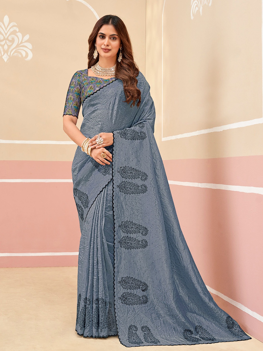 

Laxmipati Paisley Printed Beads and Stones Embellished Saree, Grey