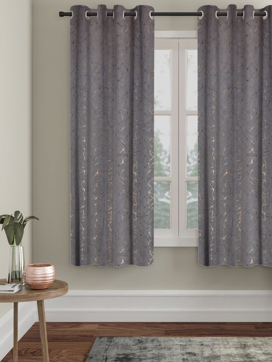 

SOKNACK Grey & Yellow Abstract Printed Black Out Window Curtain