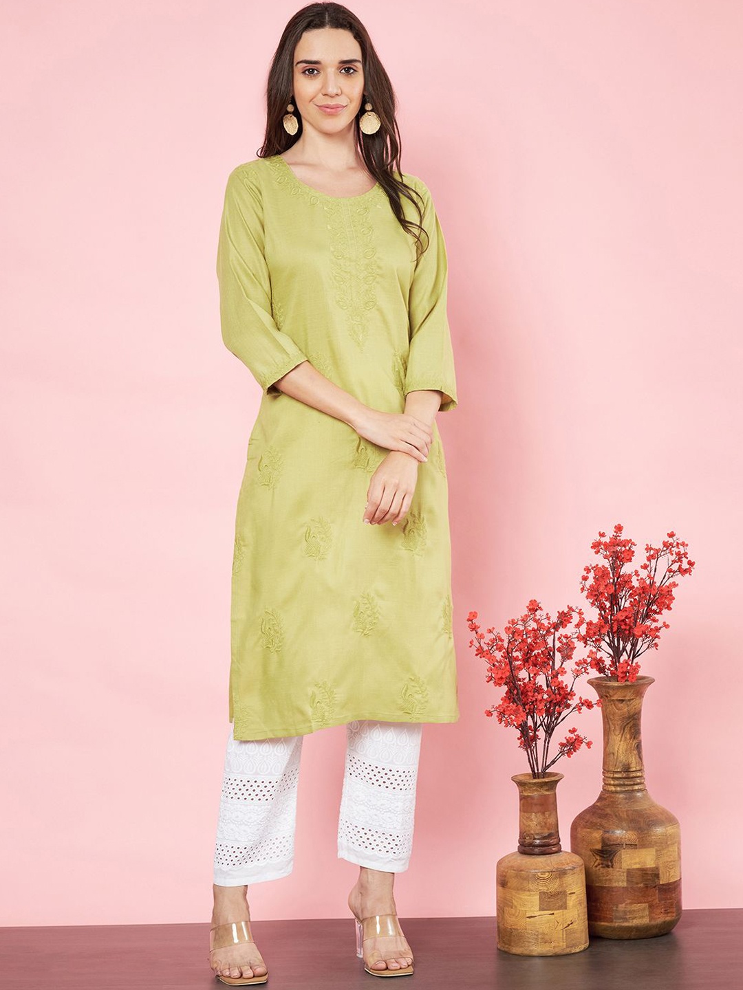 

HERE&NOW Floral Embroidered Thread Work Cotton Straight Kurta, Olive