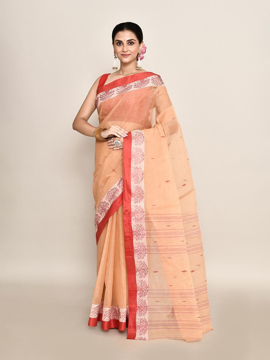 

PUKU Ethnic Motifs Pure Cotton Taant Saree, Peach