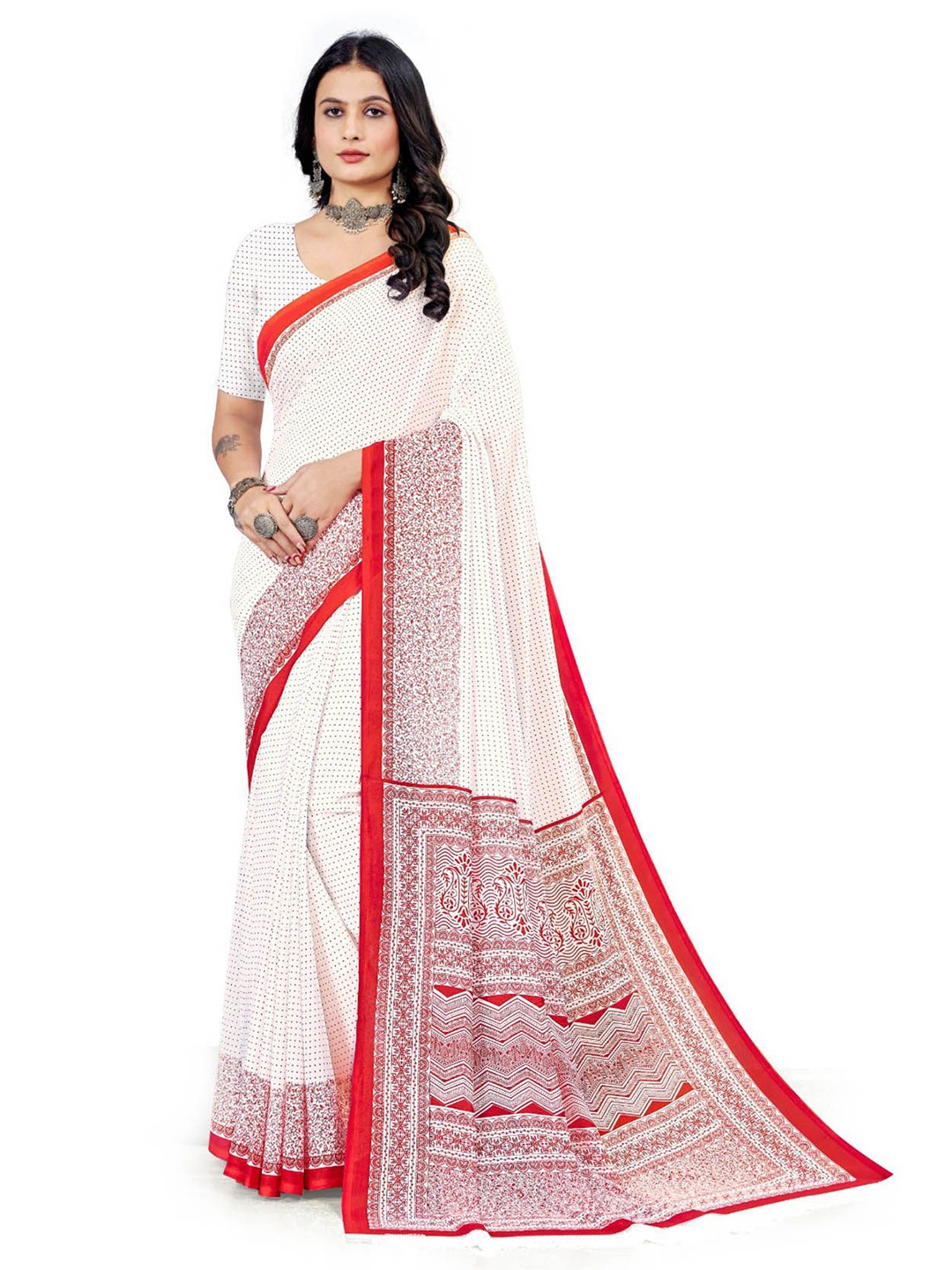 

Navvi Women Polka Dot Poly Georgette Saree, Red
