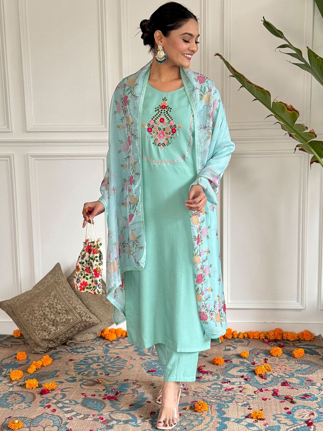 

KALINI Floral Embroidered Straight Kurta With Trousers & Dupatta, Turquoise blue
