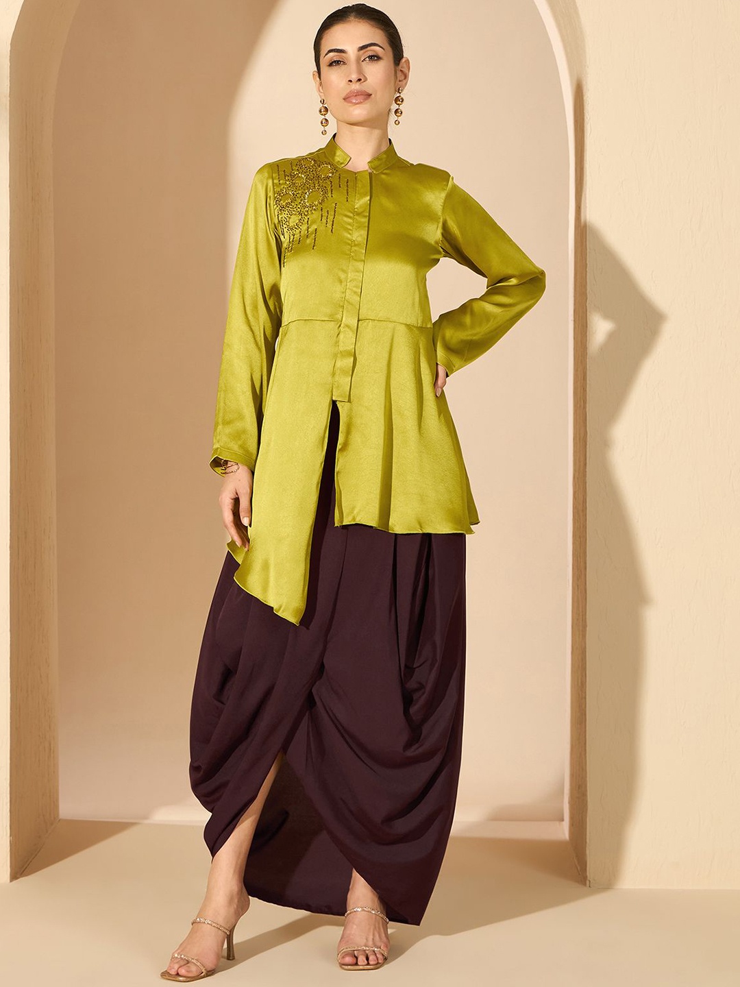 

Antheaa 100% Satin Embroidered Mandarin Collar Tunic & Palazzo, Green