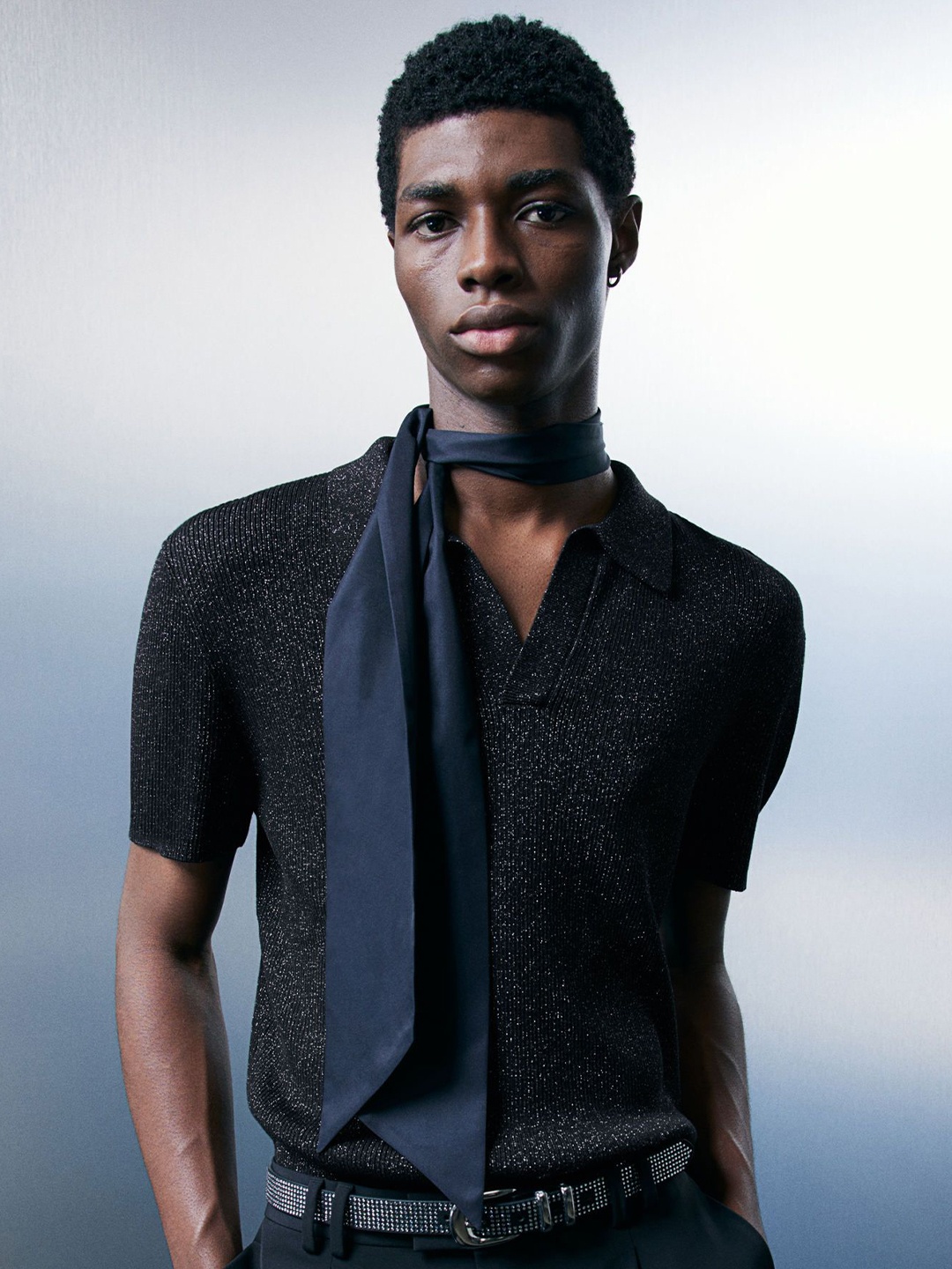 

H&M Slim-Fit Glittery Polo T-Shirt, Black