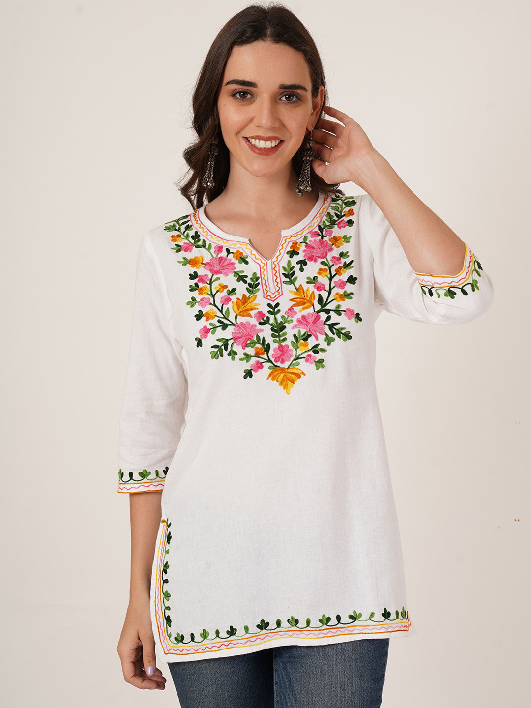 

Brownverse Women Cotton Floral Embroidered Cotton Top, White