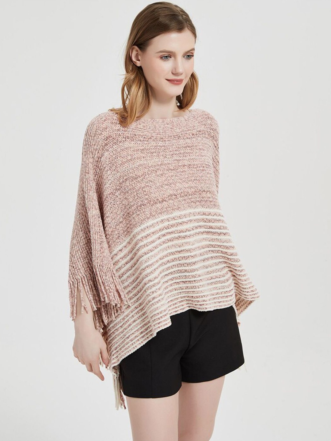 

Bold N Elegant Women Striped Round Neck Poncho Sweater, Pink