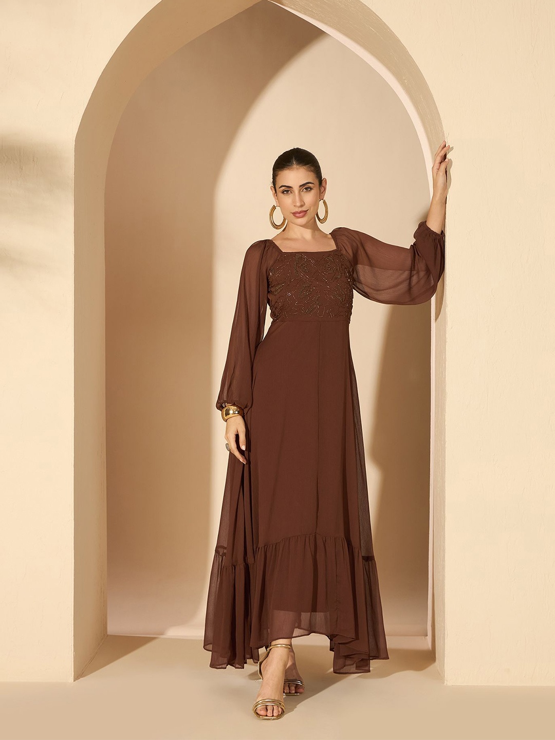 

Antheaa Women Embellished Ruffles Maxi Dress, Brown