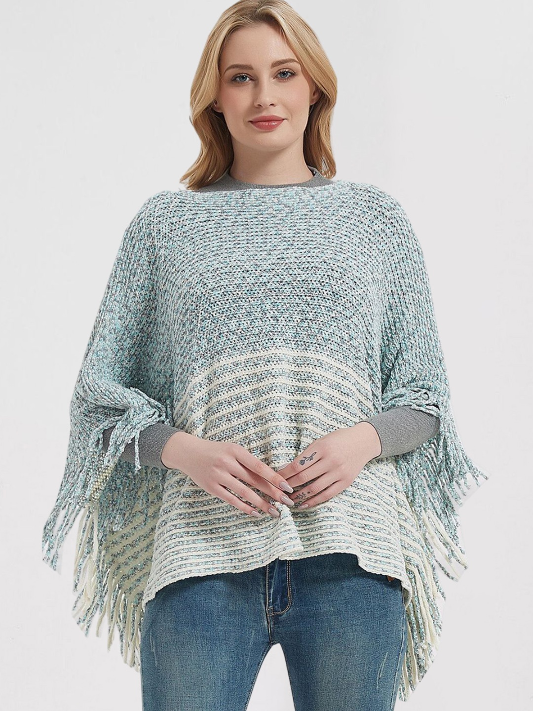 

Bold N Elegant Striped Round Neck Poncho Sweater, Blue