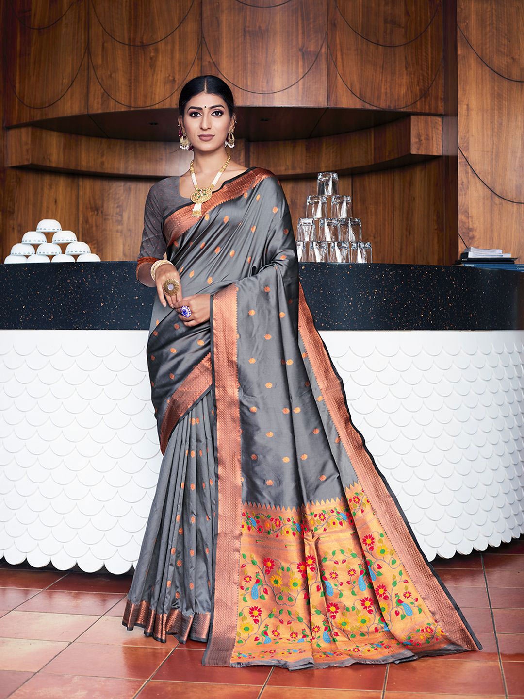 

JUST FASHION Woven Design Zari Paithani Saree, Grey
