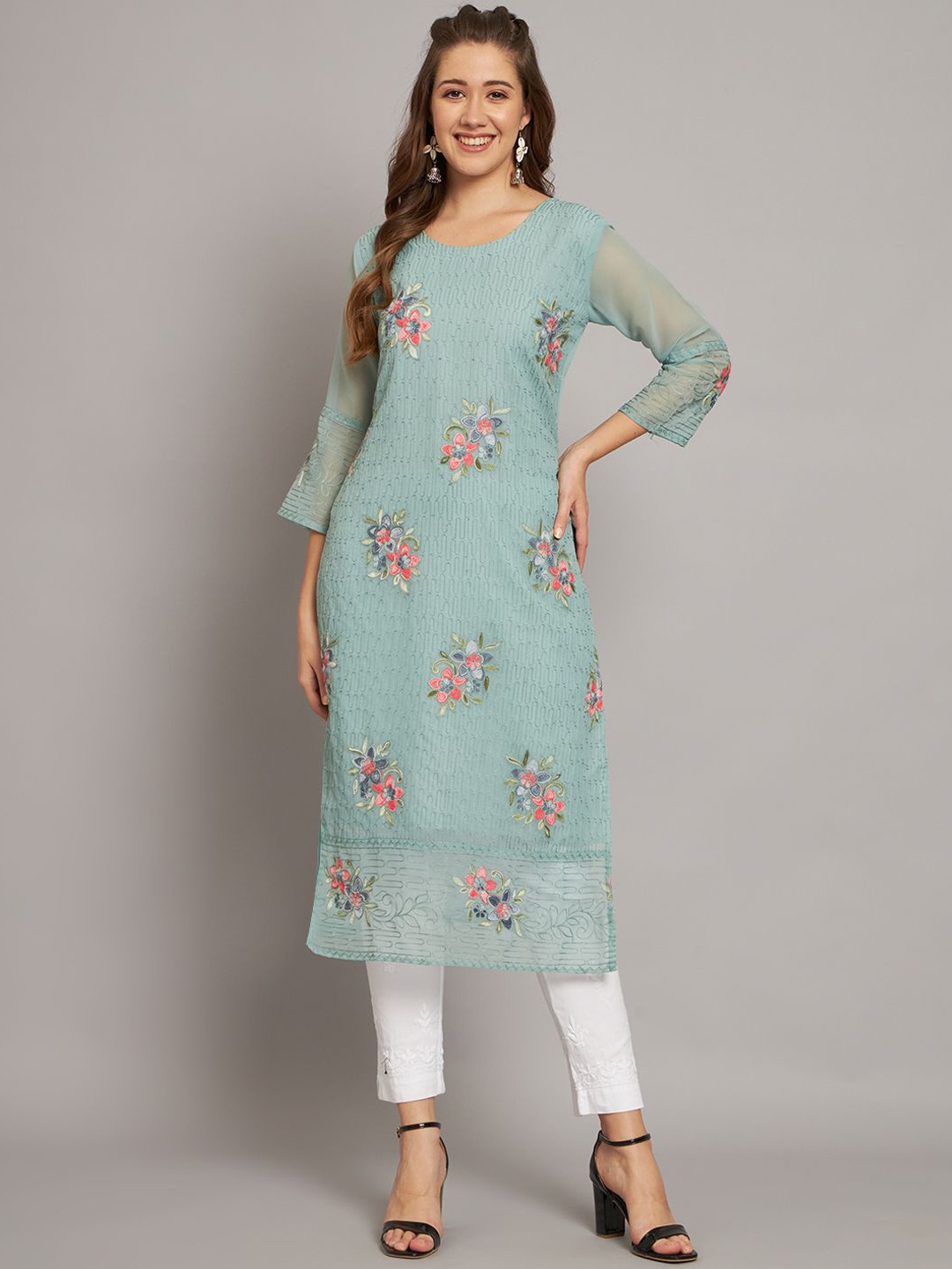 

HERE&NOW Floral Embroidered Georgette Straight Kurta, Turquoise blue