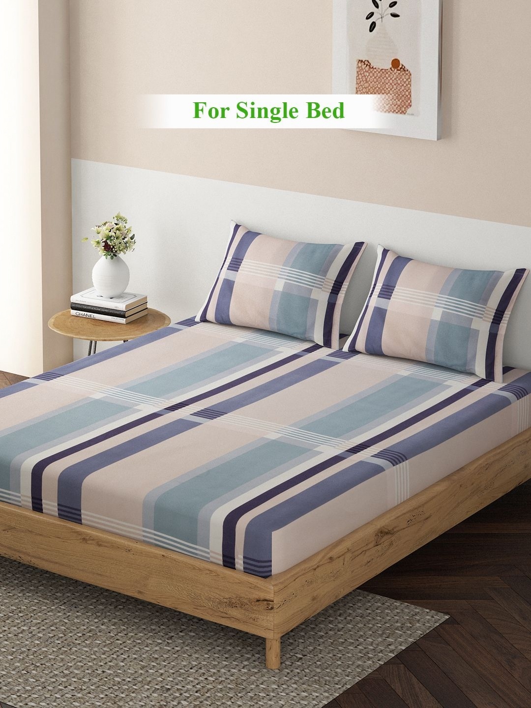 

HOKIPO Blue & Green Striped 140 TC Queen Bedsheet with 2 Pillow Covers