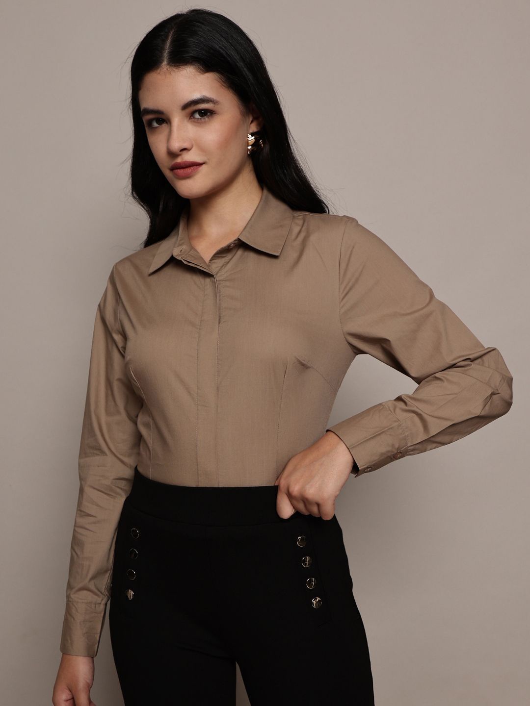 

French Connection Women Premium Slim Fit Opaque Casual Shirt, Tan