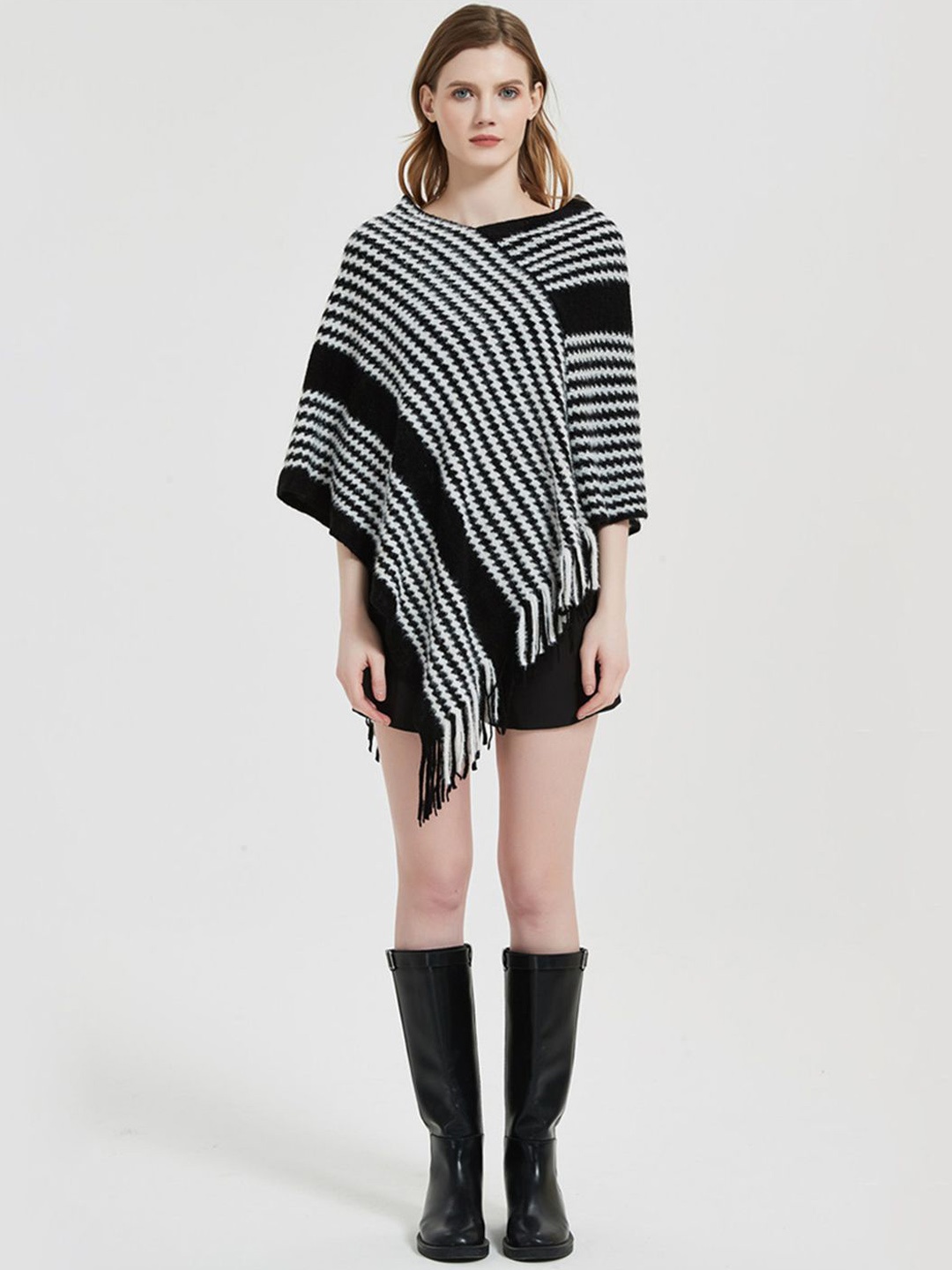 

Bold N Elegant Striped Round Neck Poncho Sweater, Black