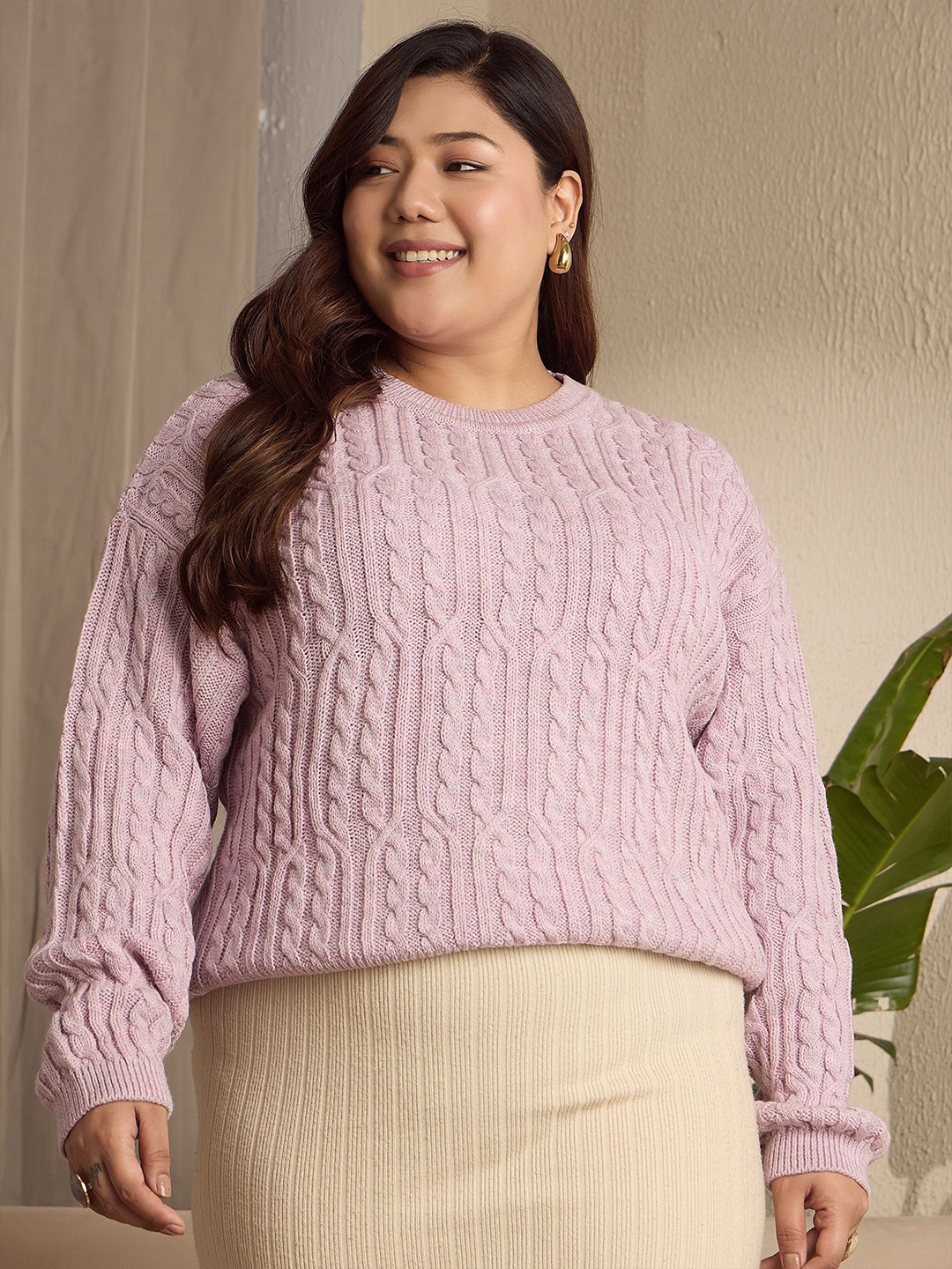 

Berrylush Curve Women Cable Knit Long Sleeves Pullover, Lavender