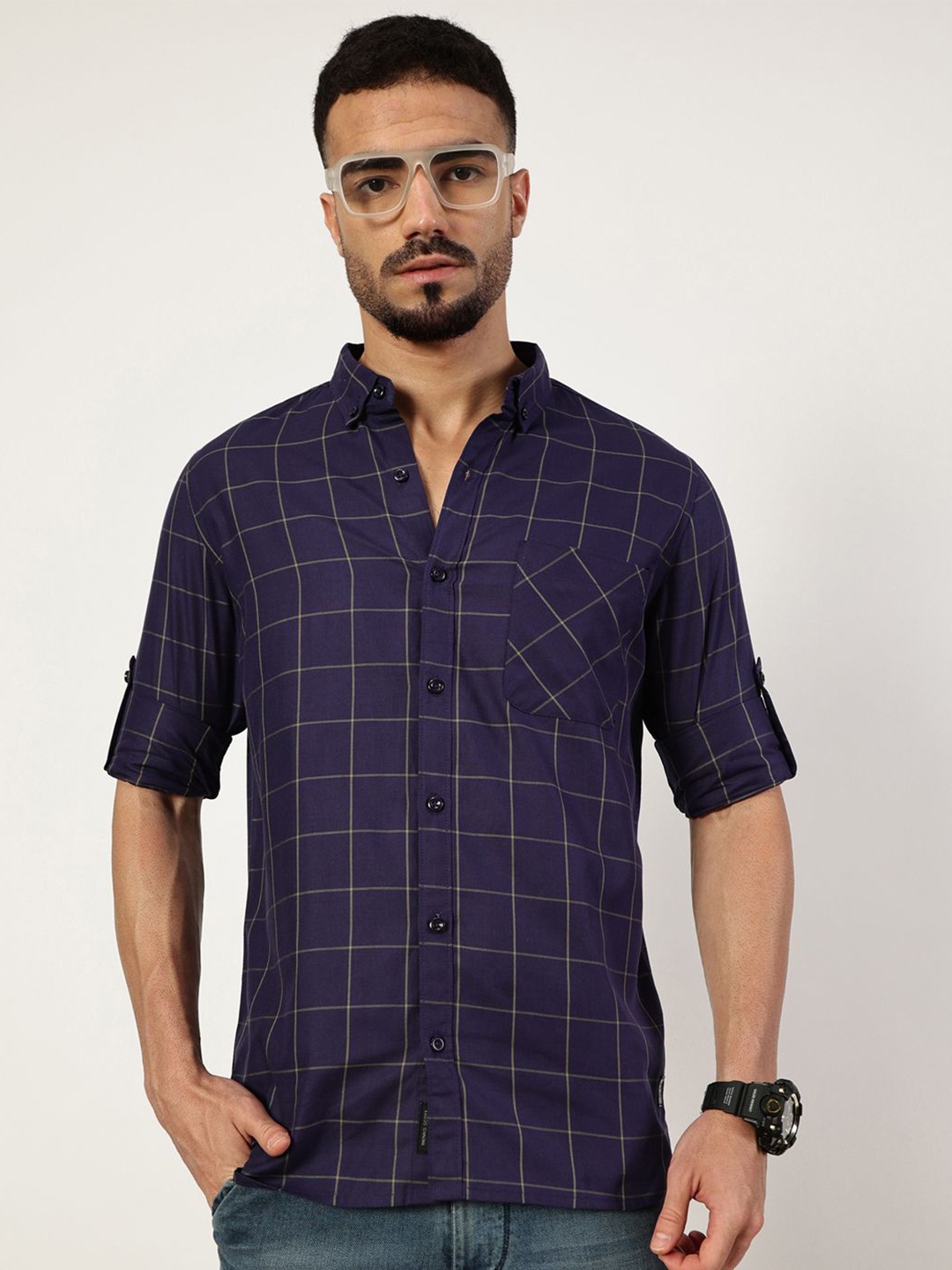 

Thomas Scott Men Premium Slim Fit Opaque Checked Casual Shirt, Navy blue
