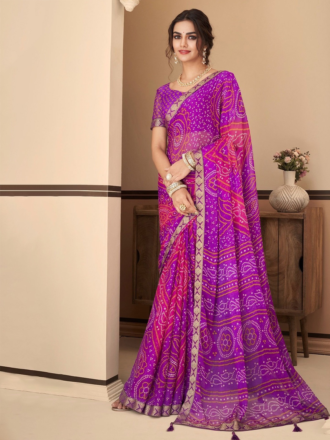 

Reboot Fashions Bandhani Pure Chiffon Bandhani Saree, Purple