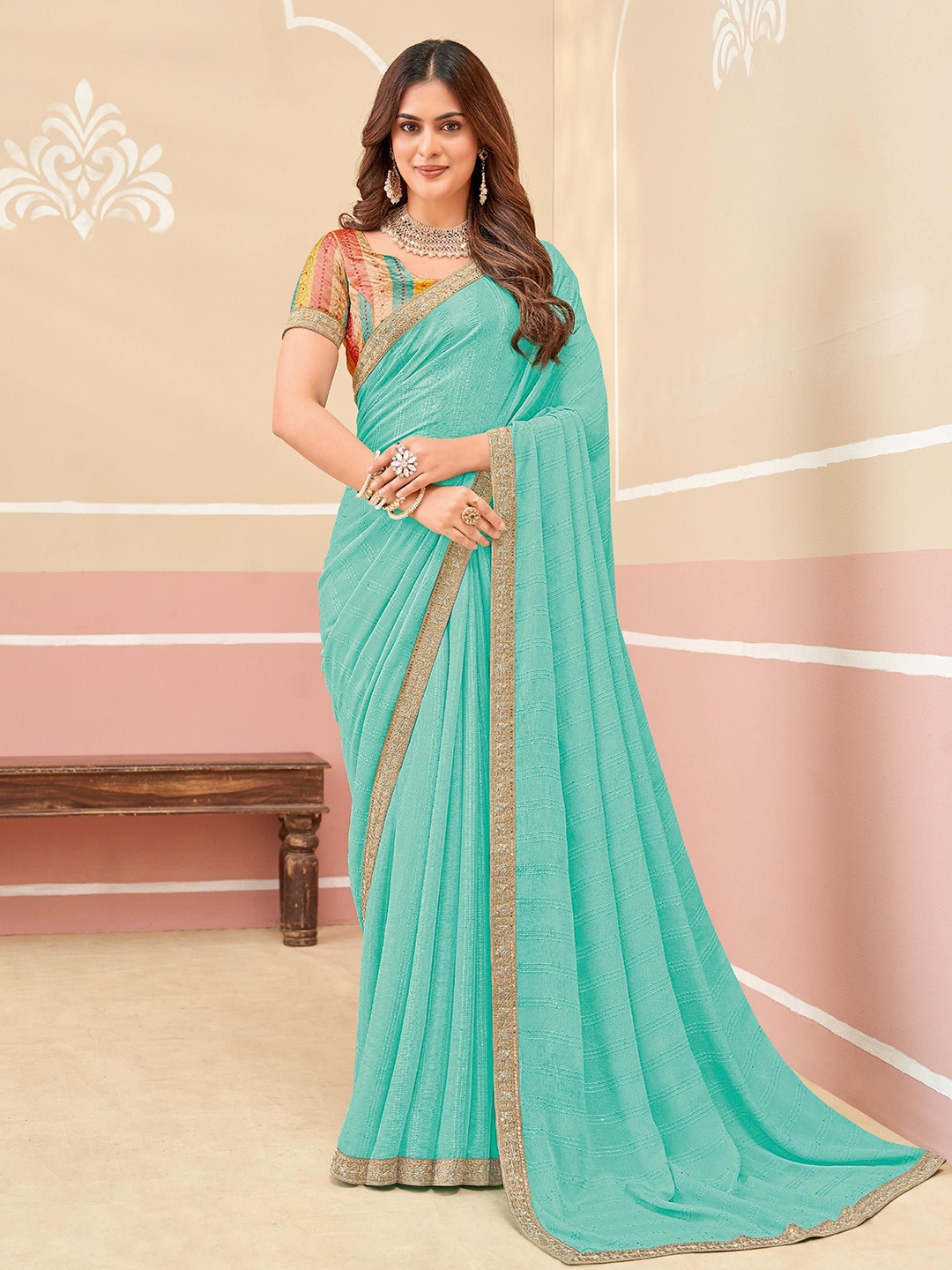 

Laxmipati Striped Beads and Stones Saree, Sea green