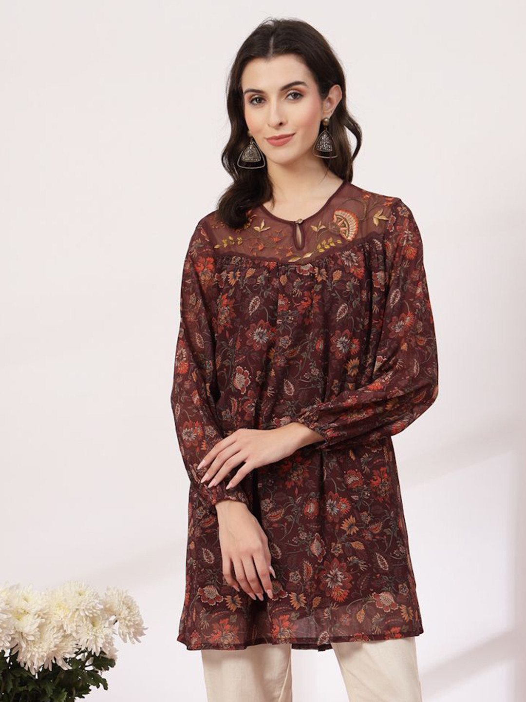 

Nayam By Lakshita Women Floral Printed Thread Work Kurti, Brown