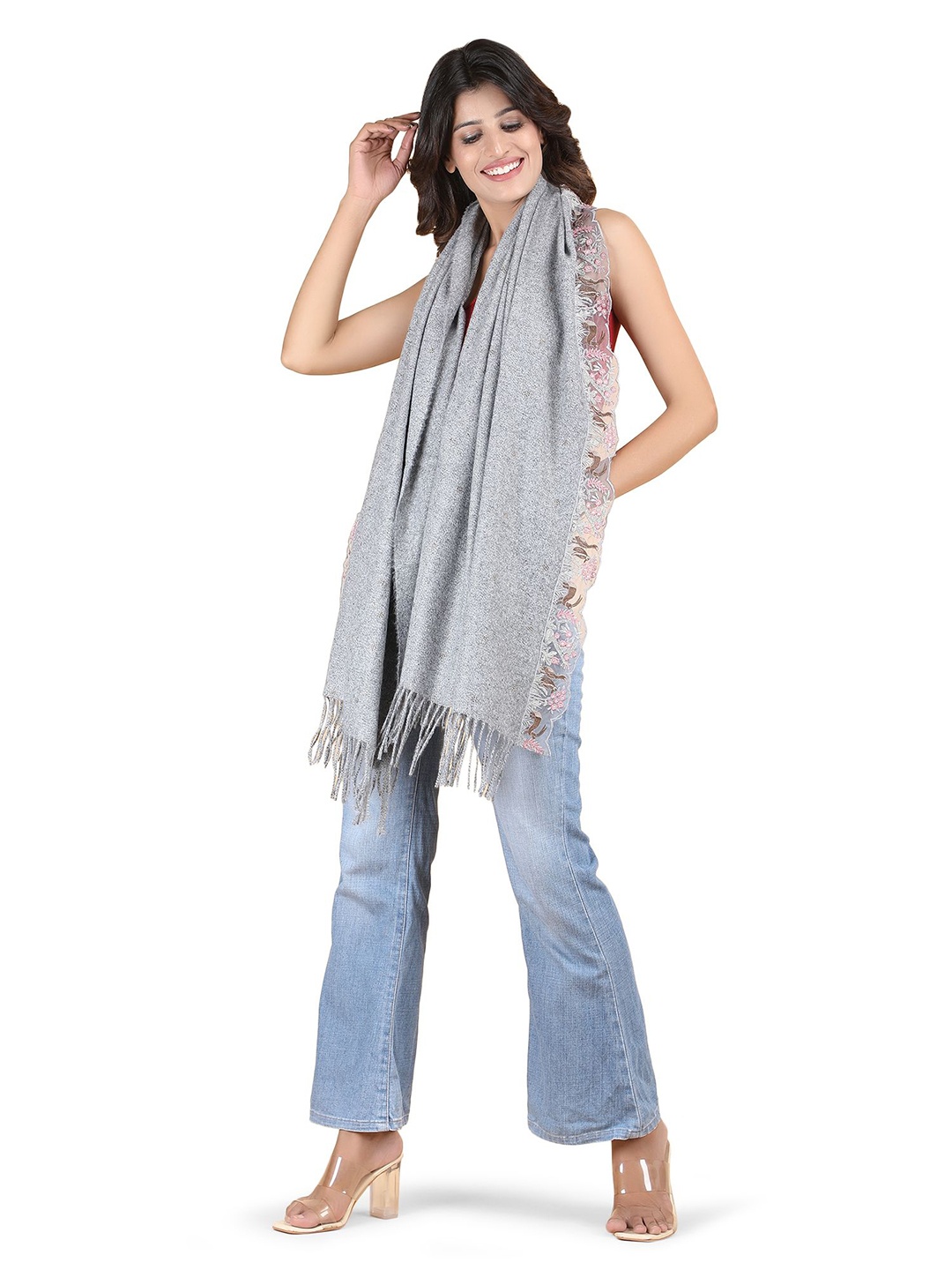 

Stole & Yarn Women Crystals Acro Wool Stoles, Grey
