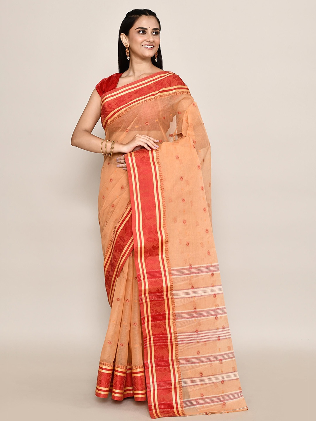 

PUKU Ethnic Motifs Pure Cotton Taant Saree, Orange