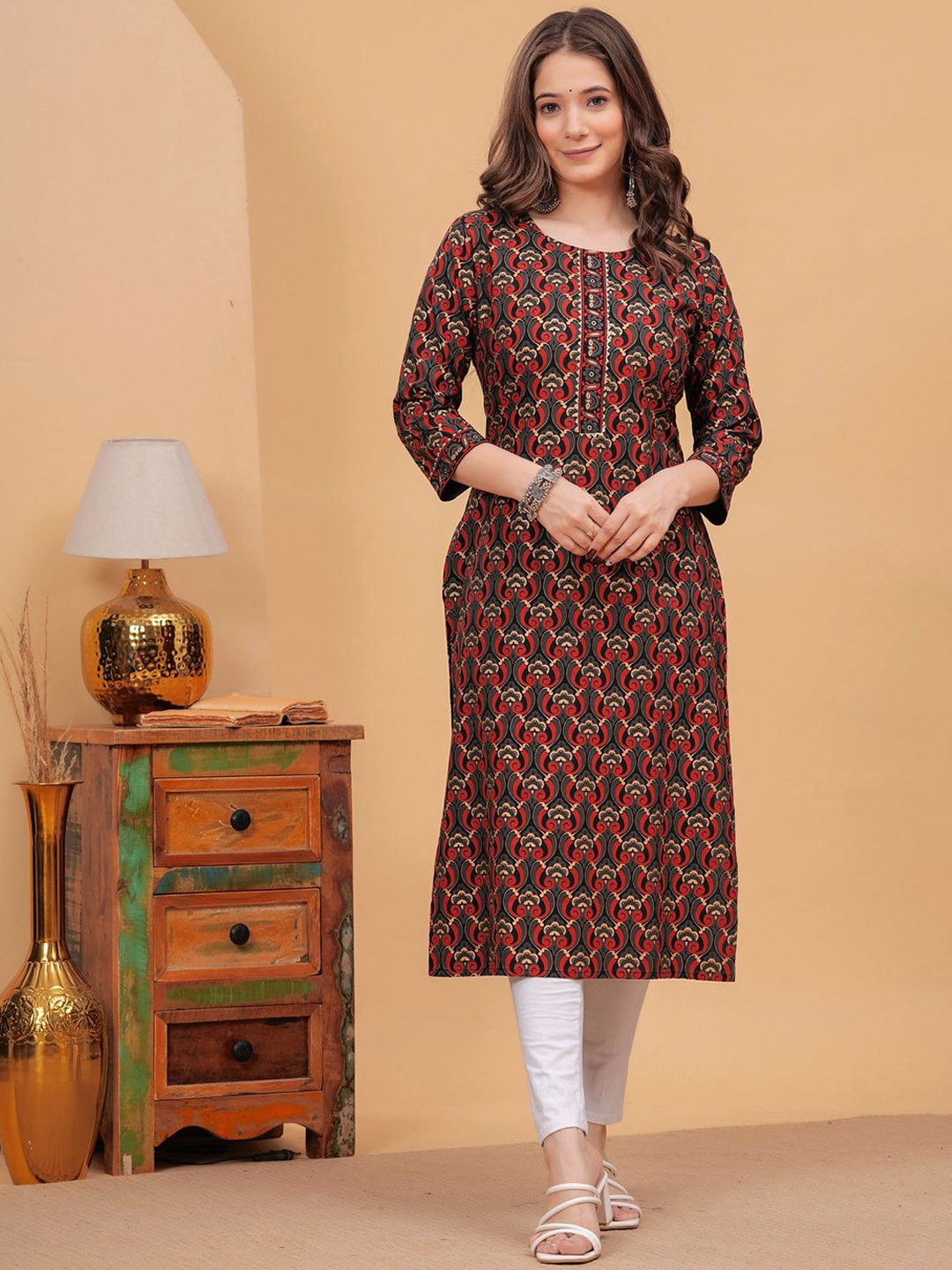 

KALINI Ethnic Motifs Printed Straight Kurta, Maroon