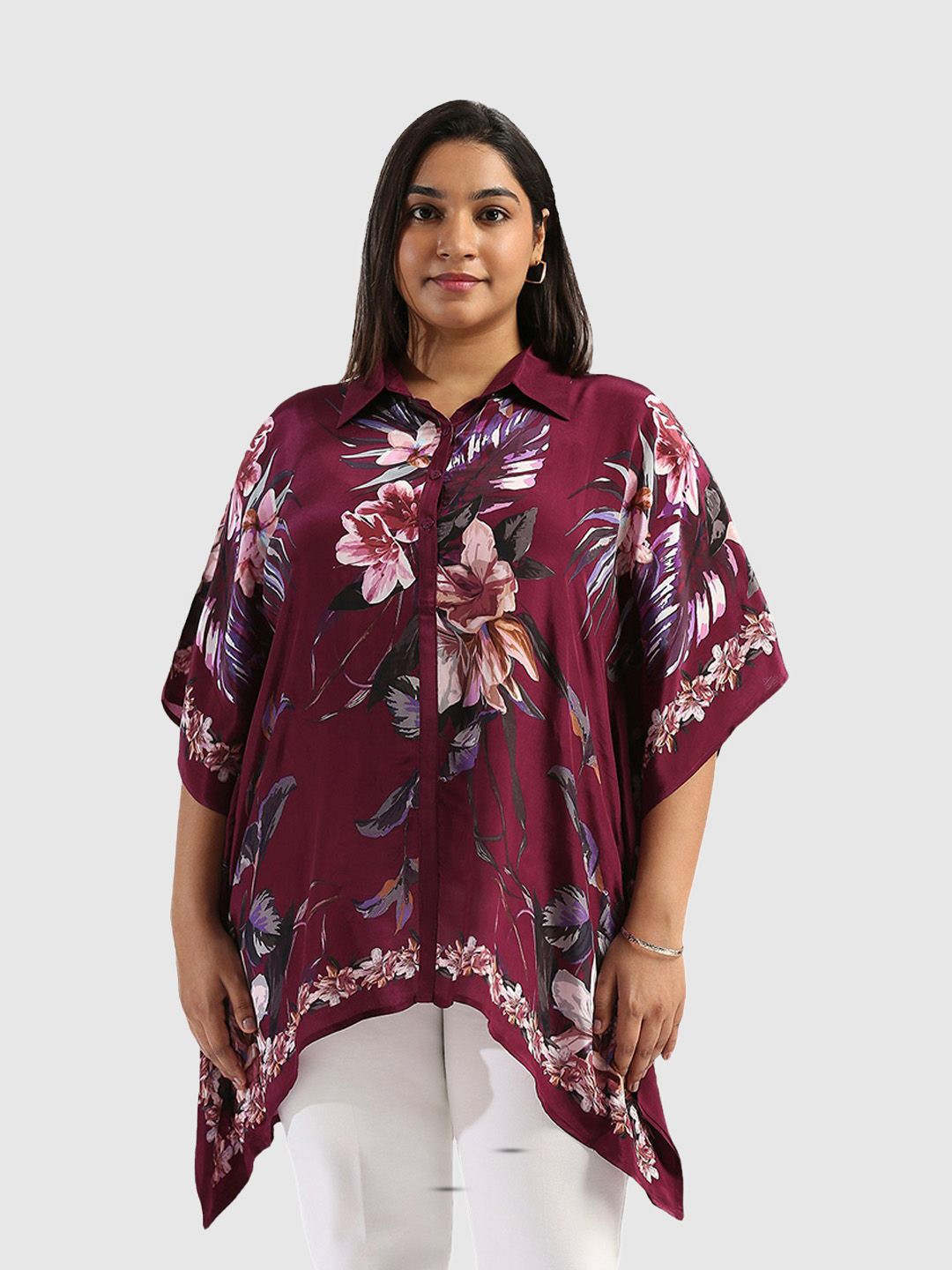 

Presence Floral Print Kimono Sleeve Kaftan Top, Burgundy