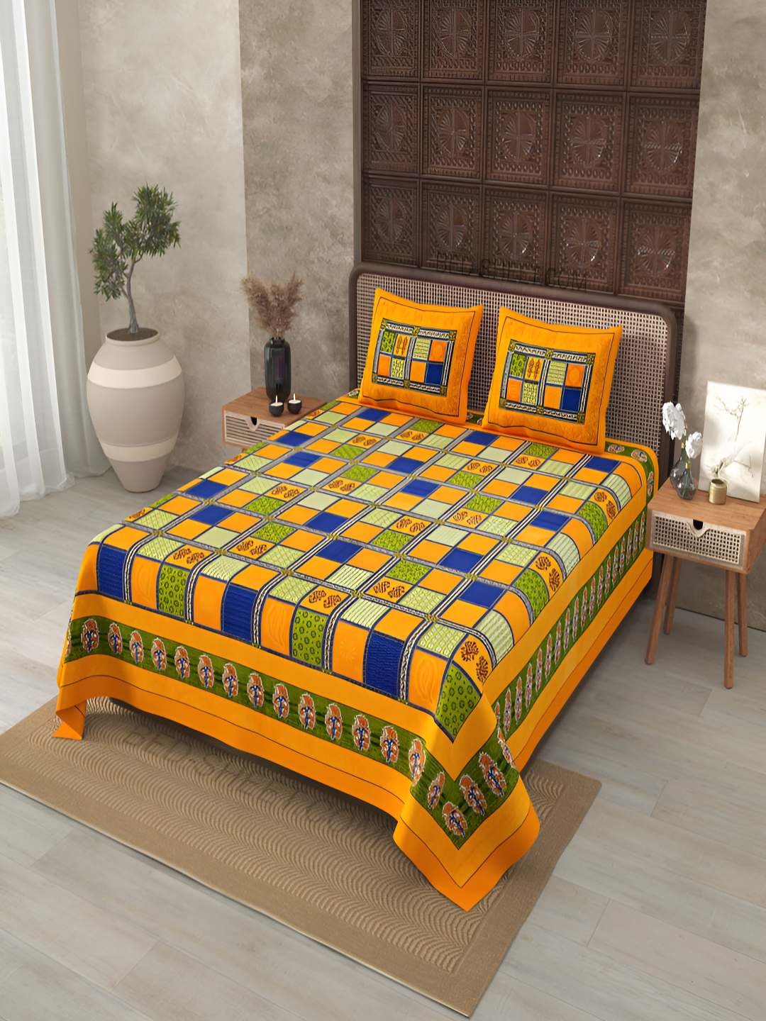 

BED-SHEET.COM Yellow & Blue Ethnic Printed Cotton 180 TC King Bedsheet Set 2.74 m x 2.24 m