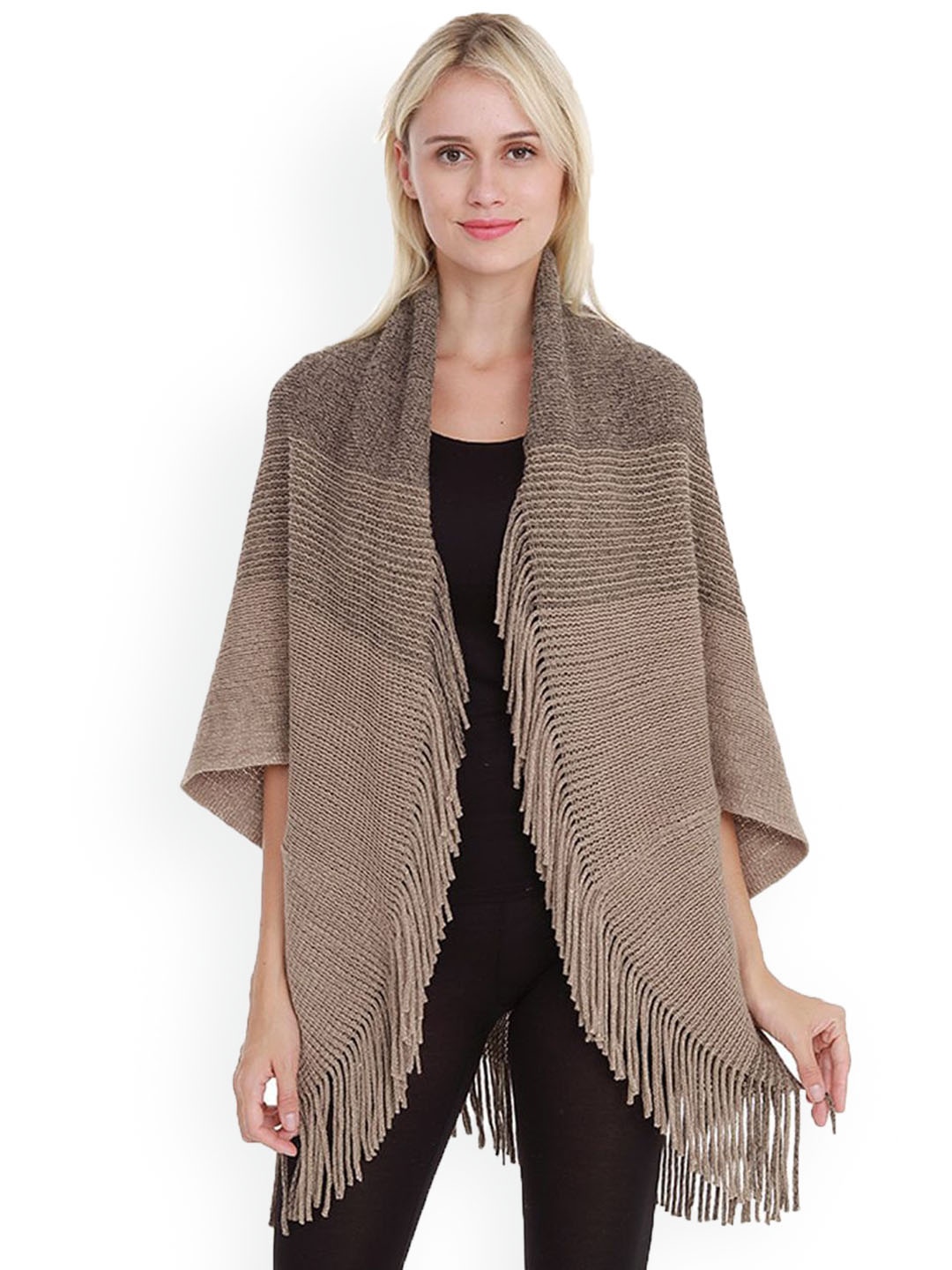 

Bold N Elegant Striped Fringed Longline Poncho Sweater, Brown