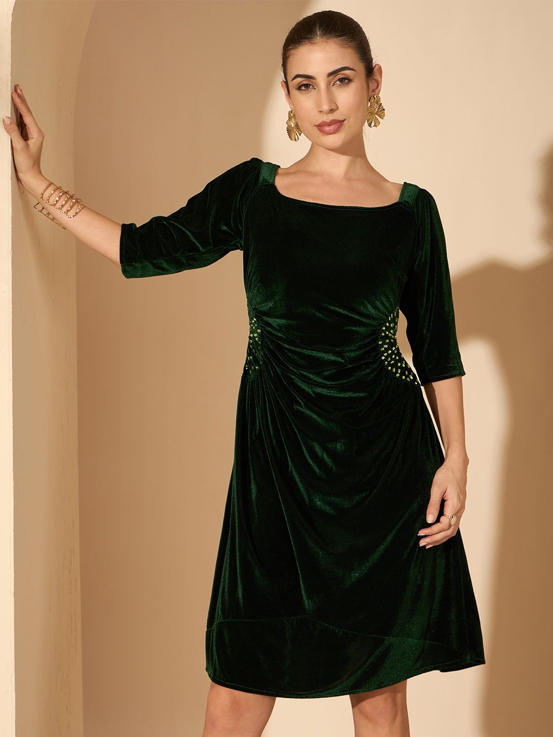 

Antheaa Women Velvet embellished on the waist A-Line Dress, Green