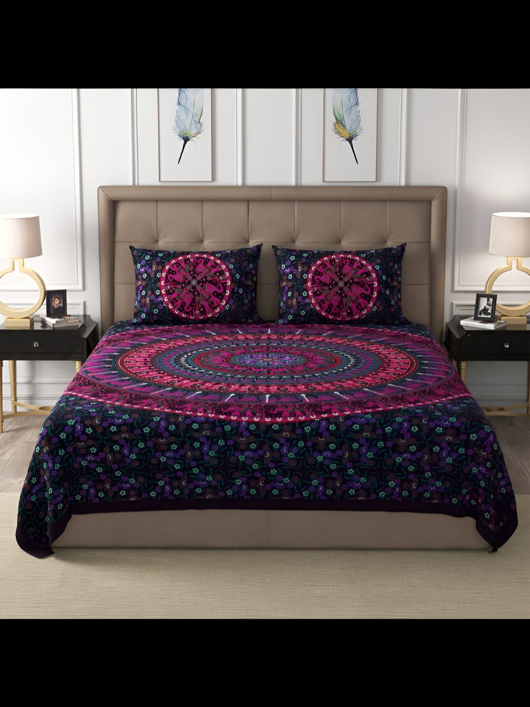 

BED-SHEET.COM Violet Ethnic Printed Pure Cotton 180 TC King Bedsheet Set 2.74 m x 2.24 m